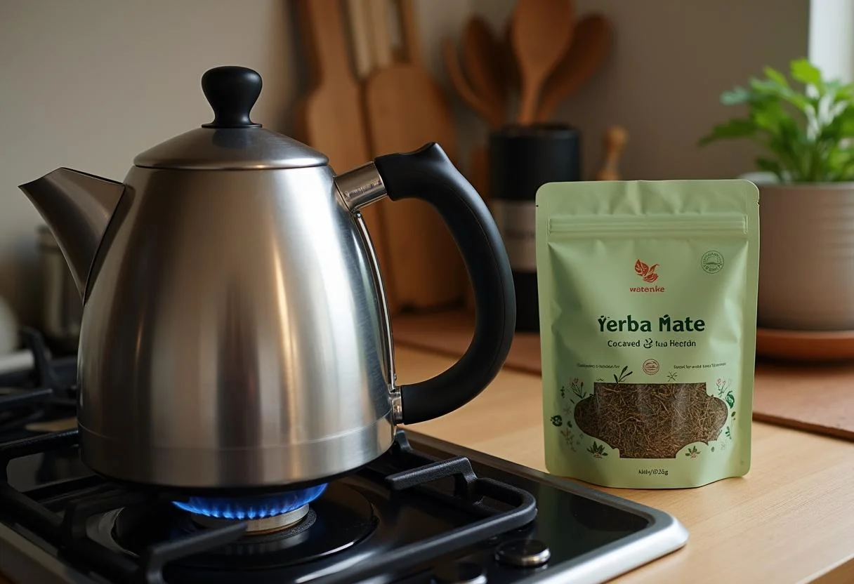 Yerba mate tea preparation with water heating in a kettle.