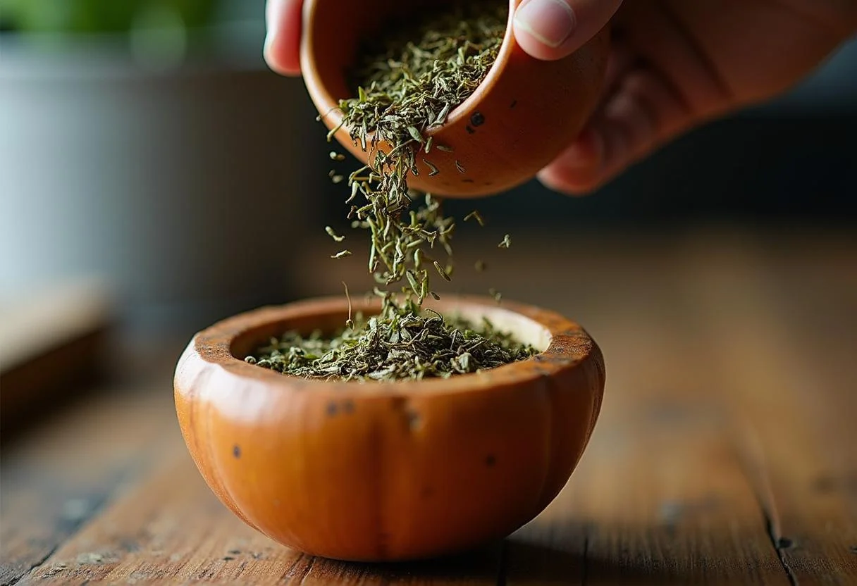 Pouring yerba mate into a gourd for preparing mate tee.