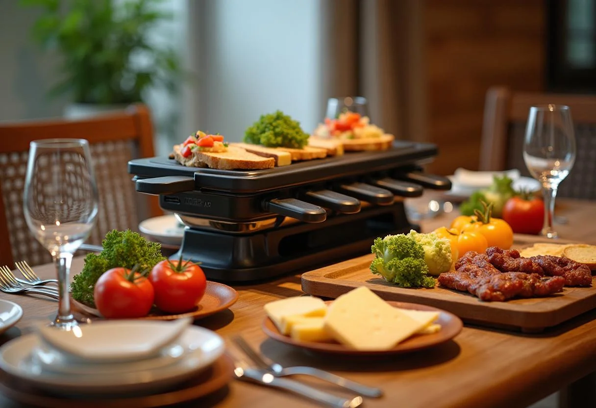 Raclette-Grill und Zutaten zur Partypräsentation, wie viel Raclette-Käse pro Person für köstliche Portionen.