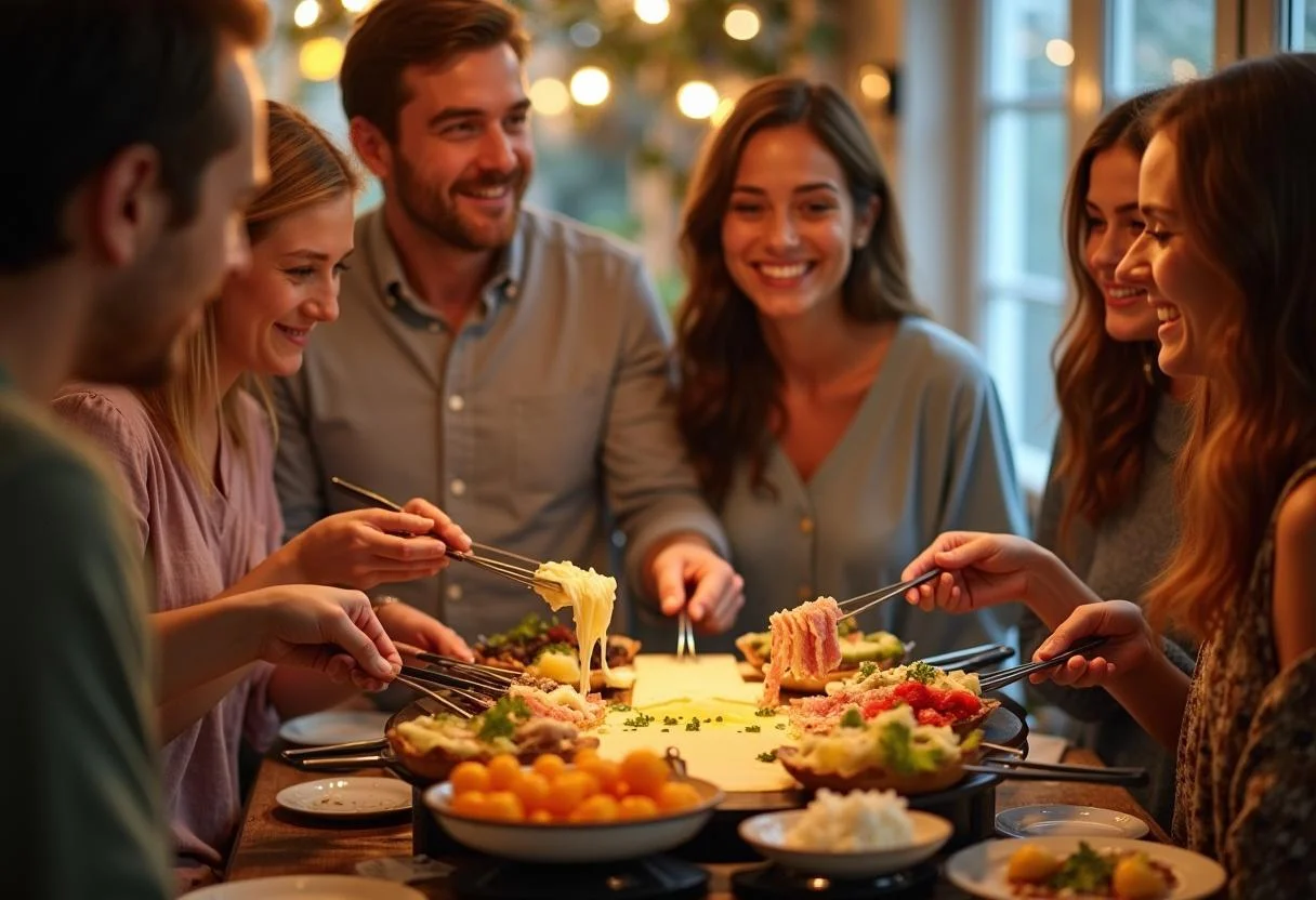 Freunde genießen geschmolzenen Raclette-Käse auf einer Party, die Menge Raclette-Käse pro Person wird gemeinsam genossen.