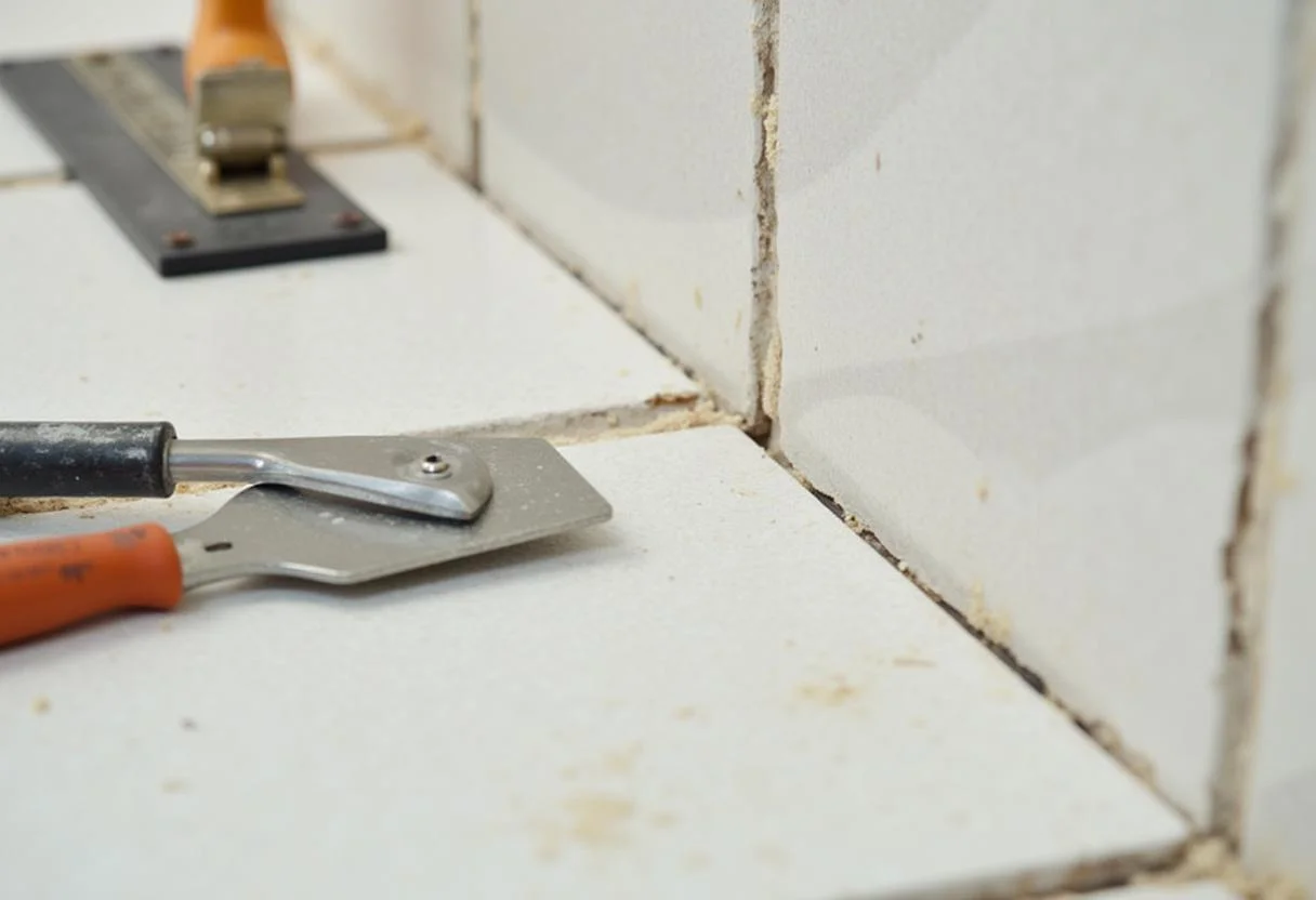 Vorbereitung der Wand für Fliesen in der Küche mit Werkzeugen für die Fliesenverlegung.