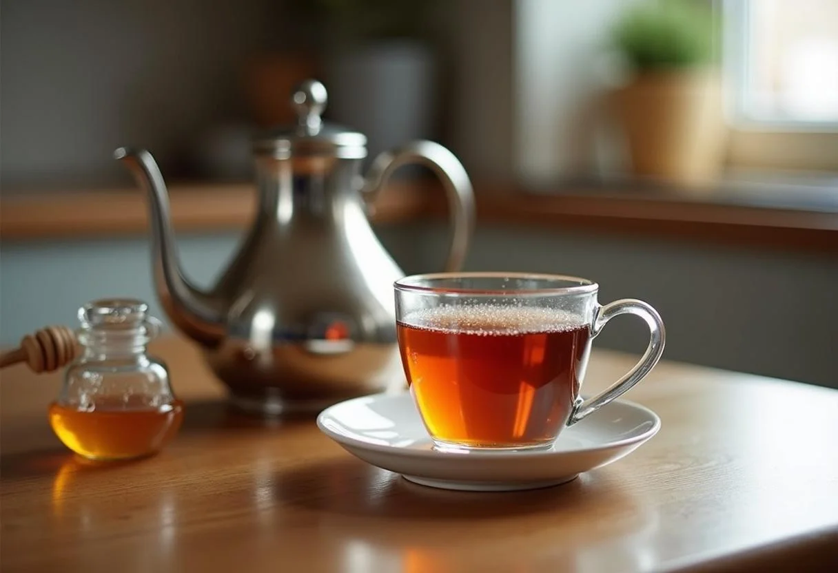 Tasse mit frisch gebrühtem Blasen- und Nieren Tee auf einem Tisch in einer gemütlichen Küche.