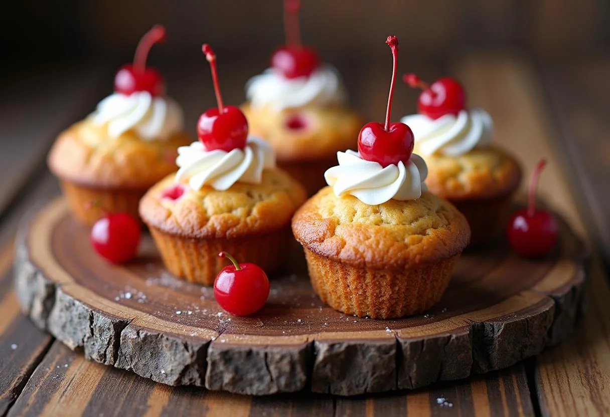 Deliciously baked Schwarzwälder Kirsch muffins with whipped cream and cherries, perfect for dessert.