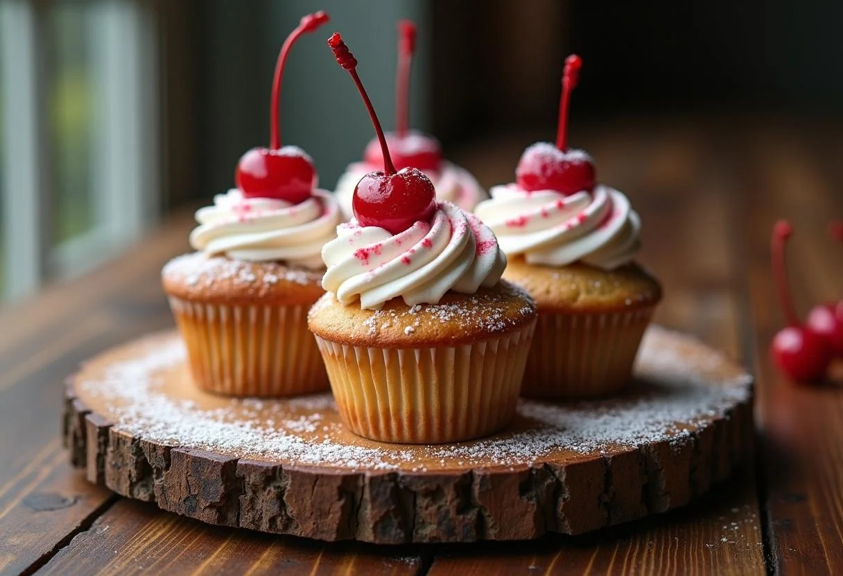 Köstlich gebackene Schwarzwälder Kirsch Muffins mit Schlagsahne und Kirschen, perfekt als Dessert.