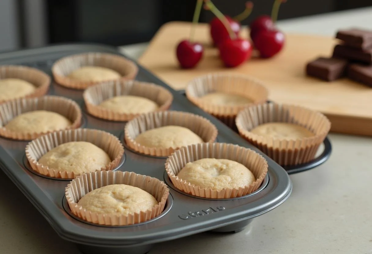 Muffinblech bereit zum Backen von Schwarzwälder Kirsch Muffins, garniert mit Kirschen und Schokolade.