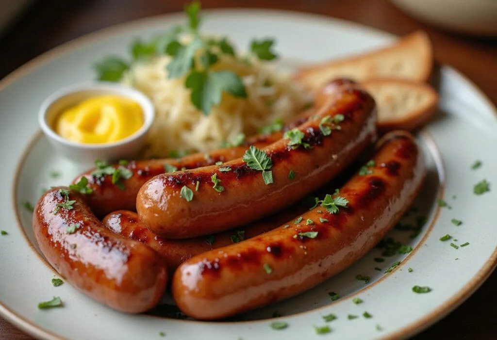 Perfekte bratwurst in der Heißluftfritteuse serviert mit Senf und Sauerkraut.