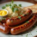 Perfekte bratwurst in der Heißluftfritteuse serviert mit Senf und Sauerkraut.
