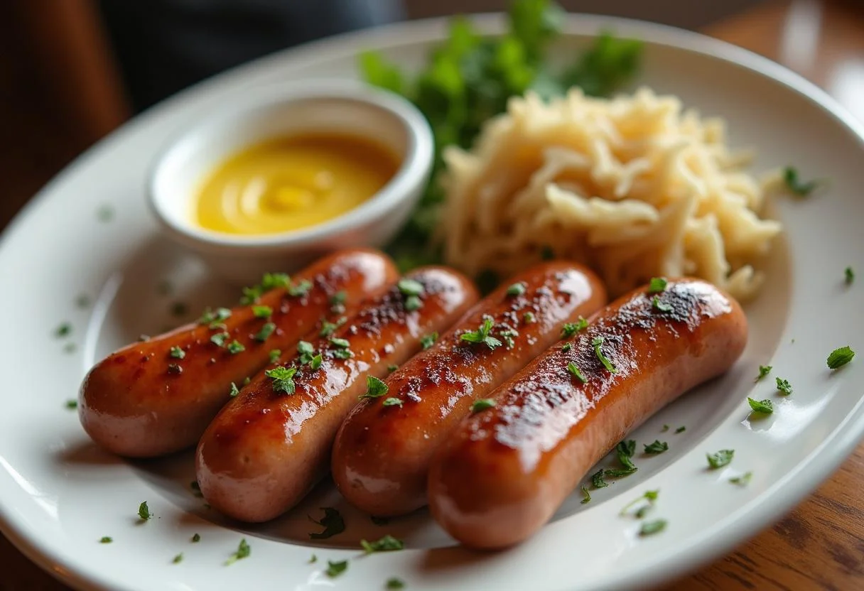 Perfekte bratwurst in der Heißluftfritteuse serviert mit Senf und Sauerkraut.