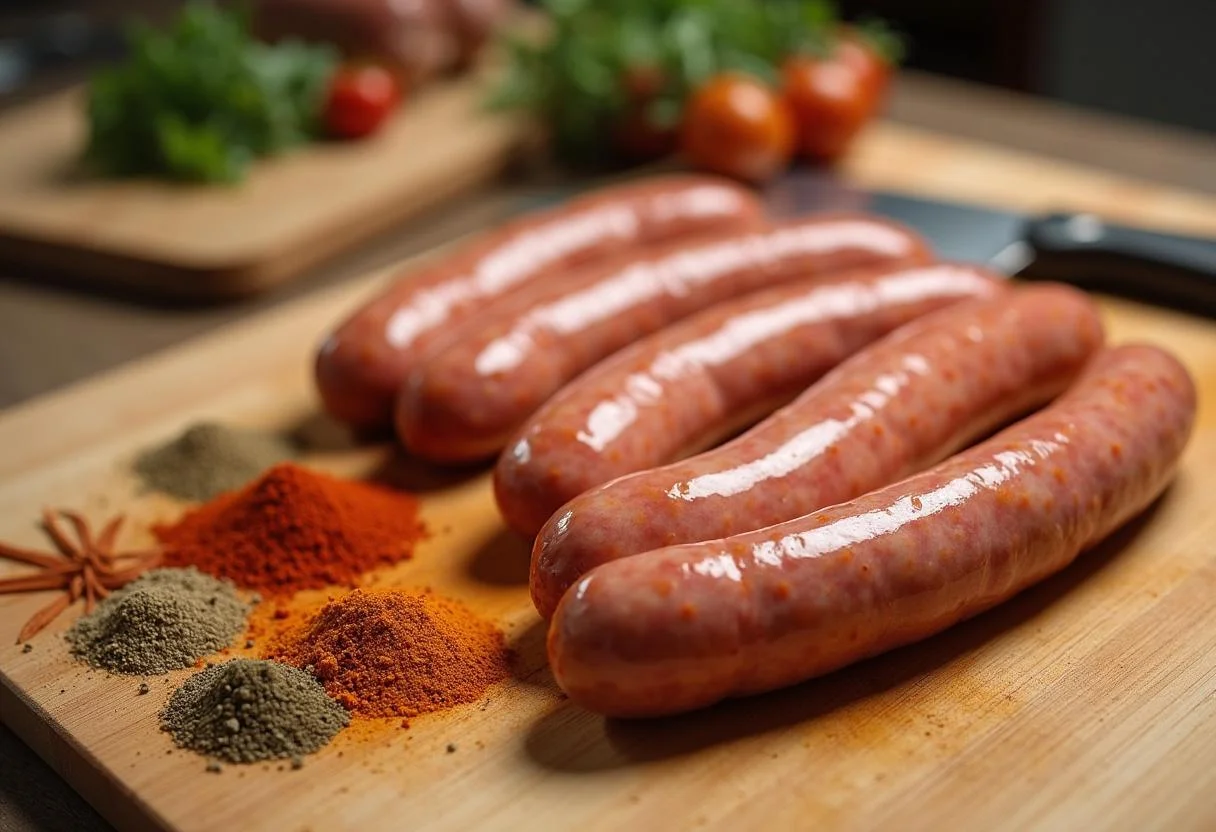 Bratwurst in der Heißluftfritteuse vorbereitet mit Gewürzen auf einem Schneidebrett.
