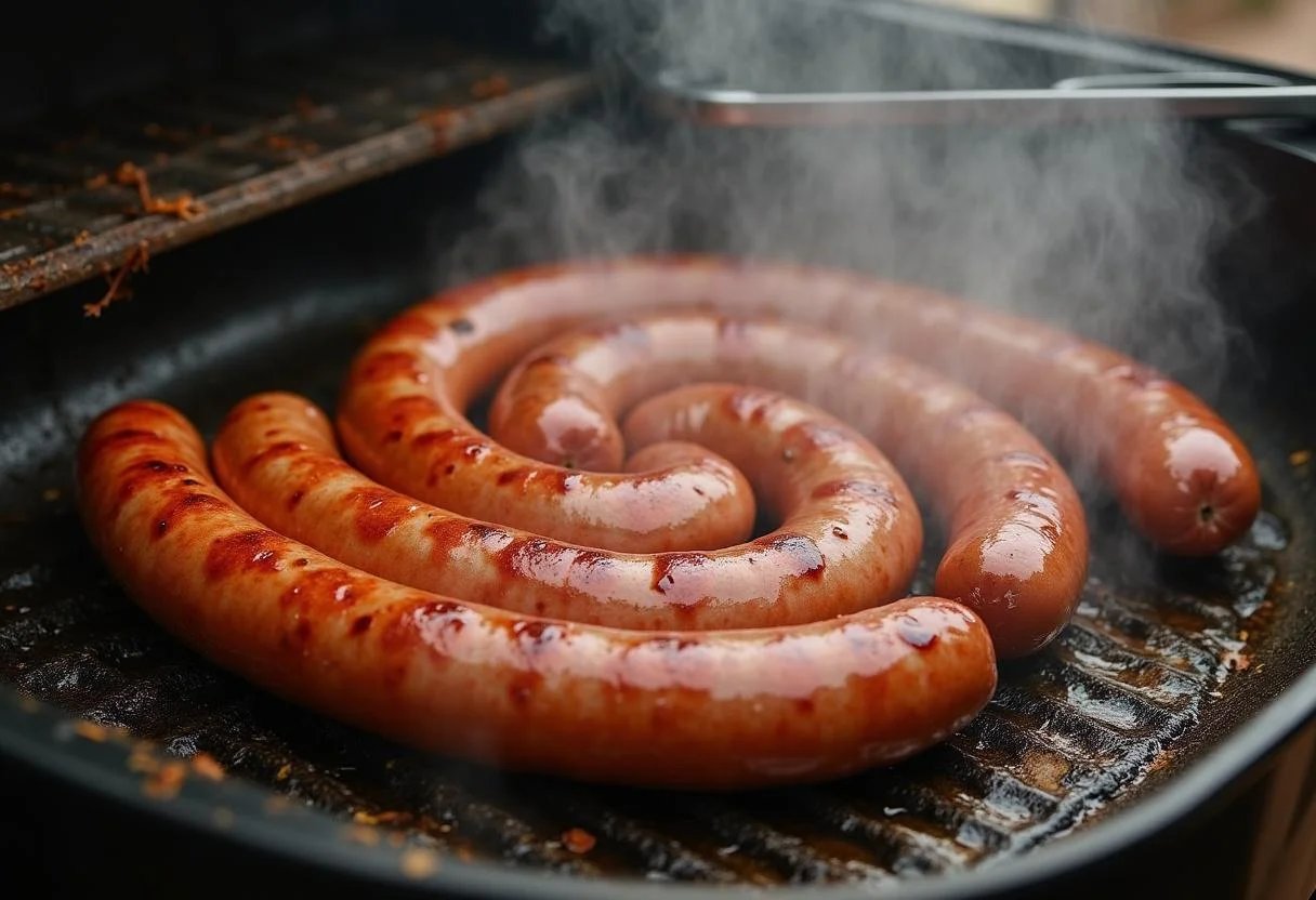 Fertige bratwurst aus Heißluftfritteuse auf einem Teller serviert.