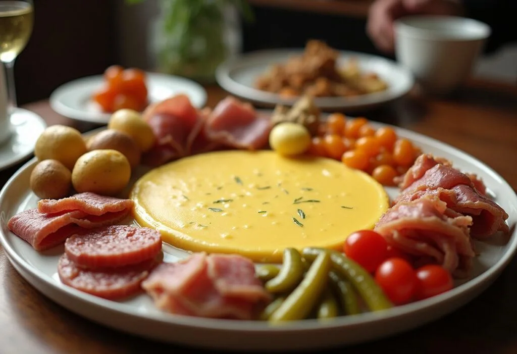 Servierplatte mit geschmolzenem Raclette-Käse und Beilagen, ideal für ein geselliges Essen.