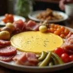 Servierplatte mit geschmolzenem Raclette-Käse und Beilagen, ideal für ein geselliges Essen.