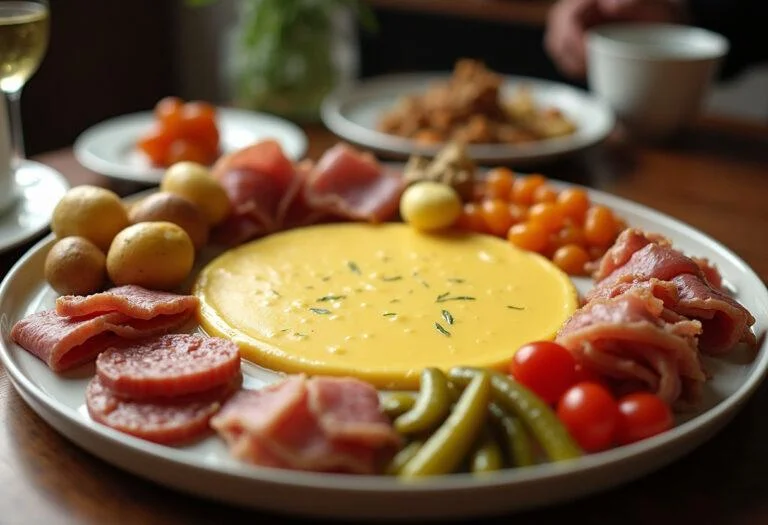 Servierplatte mit geschmolzenem Raclette-Käse und Beilagen, ideal für ein geselliges Essen.