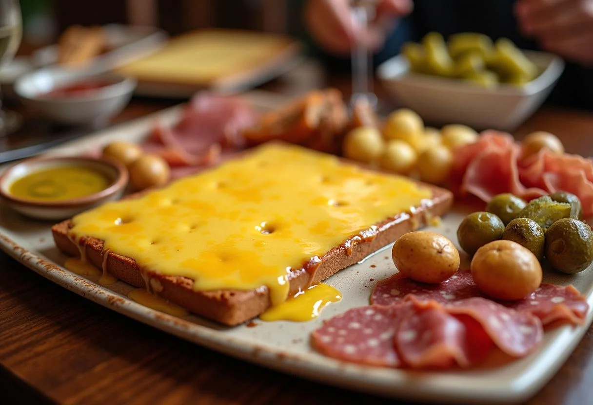 Servierplatte mit geschmolzenem Raclette-Käse und Beilagen, ideal für ein geselliges Essen.