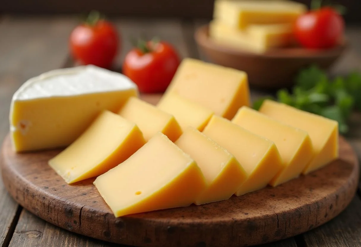 Verschiedene Sorten von Raclette-Käse auf einem Holzbrett, um die Menge pro Person zu bestimmen.