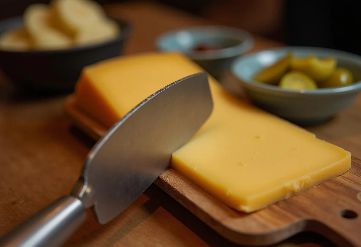 Käsehobel neben Raclette-Käse, um die passende Menge zu schneiden für ein Raclette-Gericht.