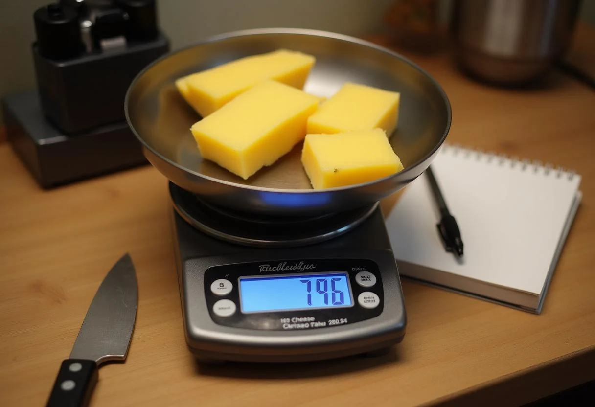 Wiegende Portion Raclette-Käse mit Notizen zur Menge pro Person.