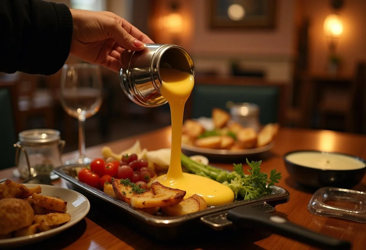 Raclette-Käse wird über Gemüse und Kartoffeln gegossen, bereit zur Verkostung.