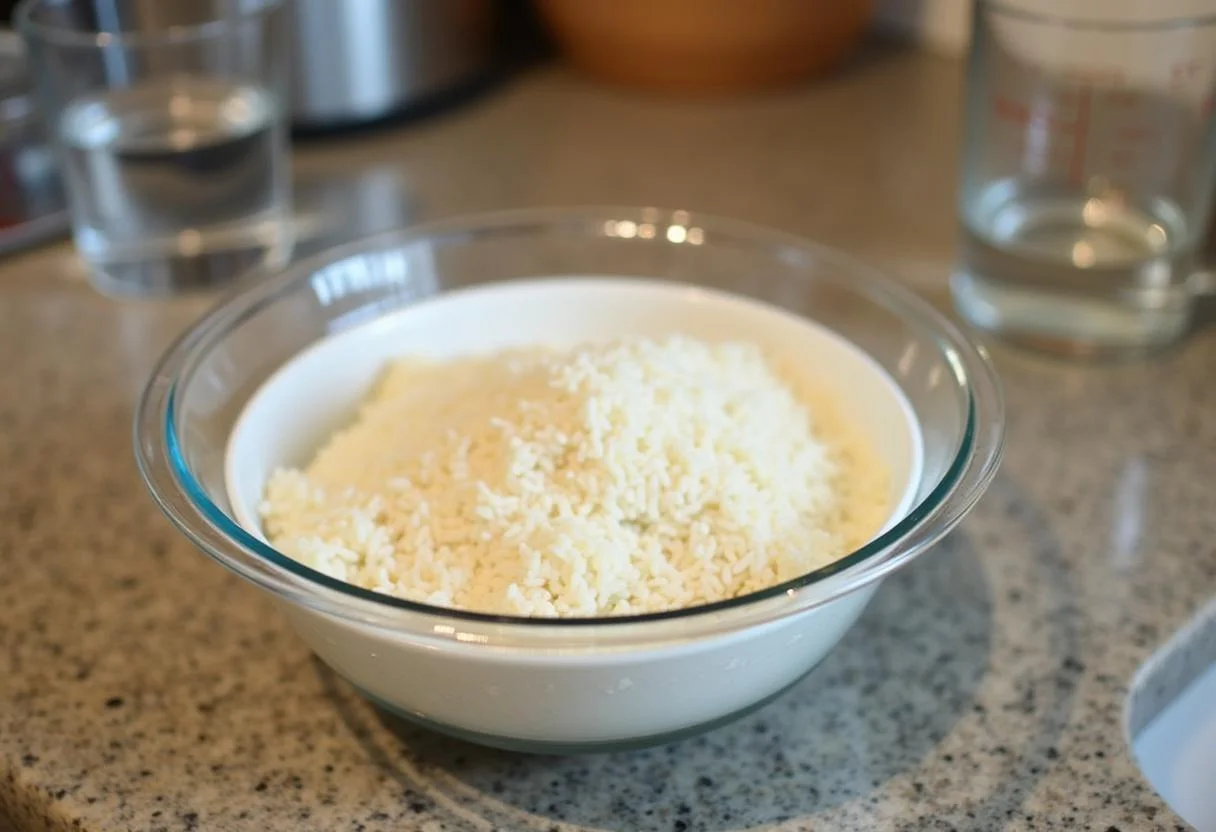 Reis in der Mikrowelle: Uncooked rice in a bowl ready for microwave preparation.