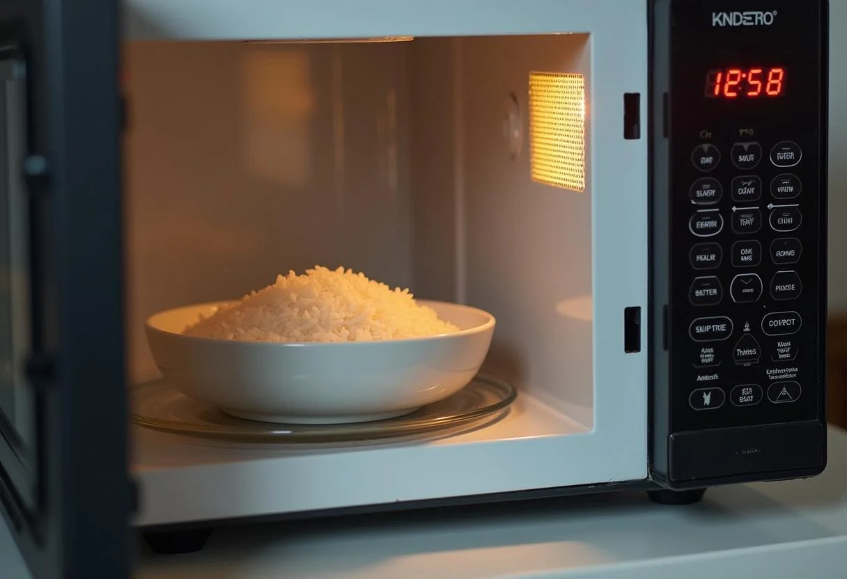 Reis aus der Mikrowelle: Setting the microwave timer for cooking rice.