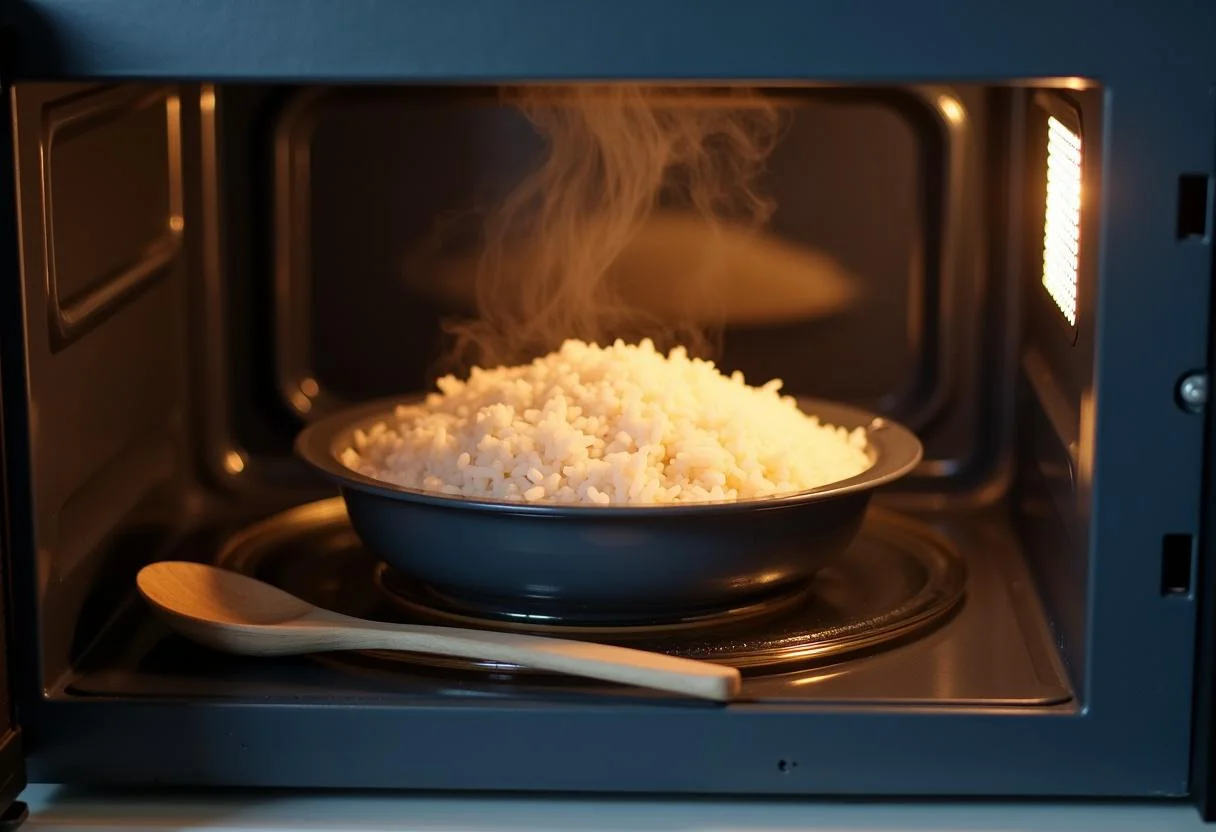 Reis in der Mikrowelle: Steaming bowl of cooked rice ready to be served.
