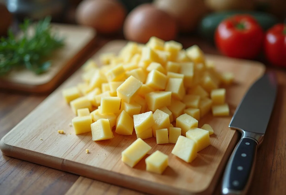 Gekochte Kartoffeln werden in kleine Würfel für Bratkartoffeln aus gekochten Kartoffeln geschnitten.