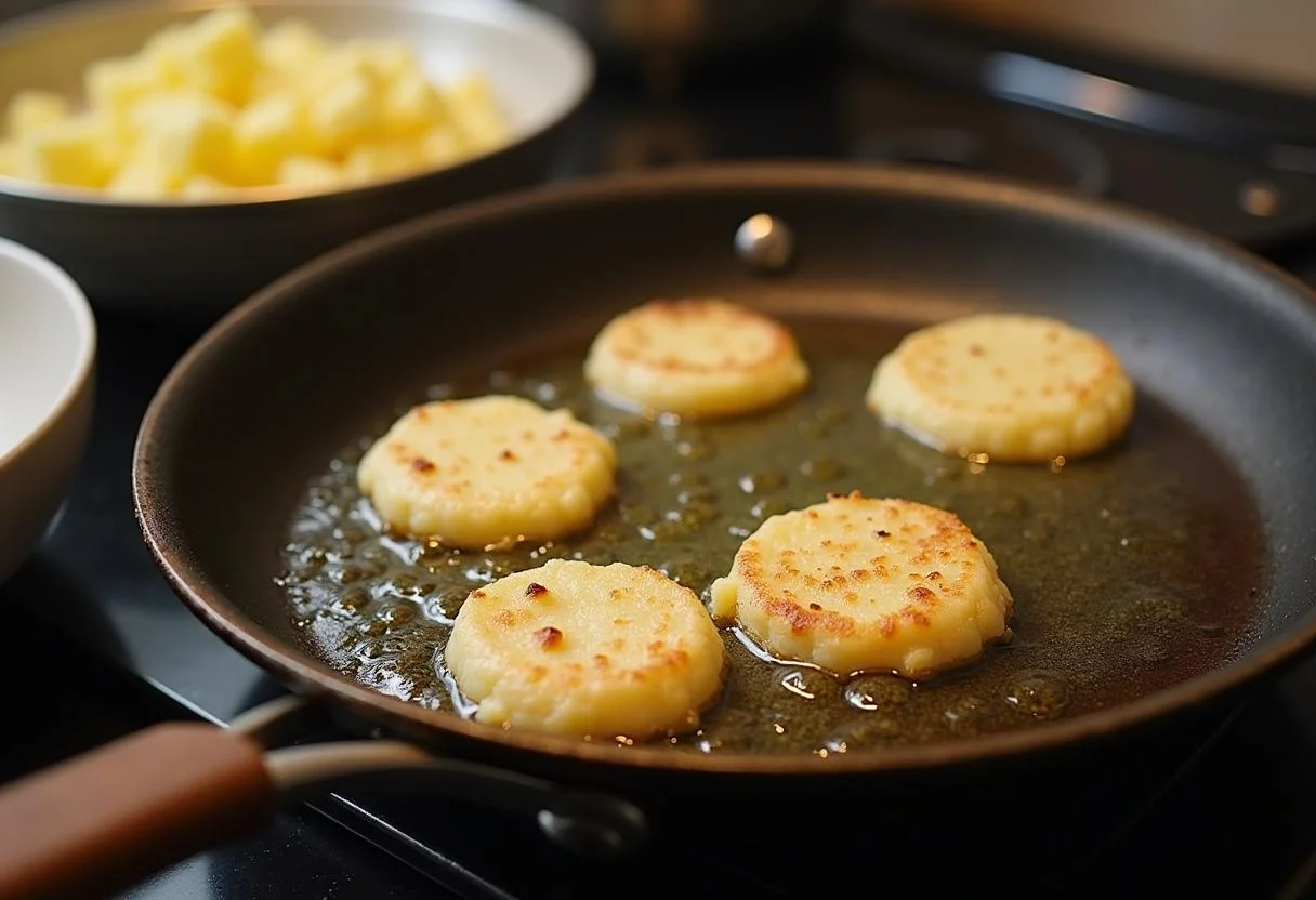 Diced cooked potatoes being prepared to fry in a pan for Bratkartoffeln aus gekochten Kartoffeln.