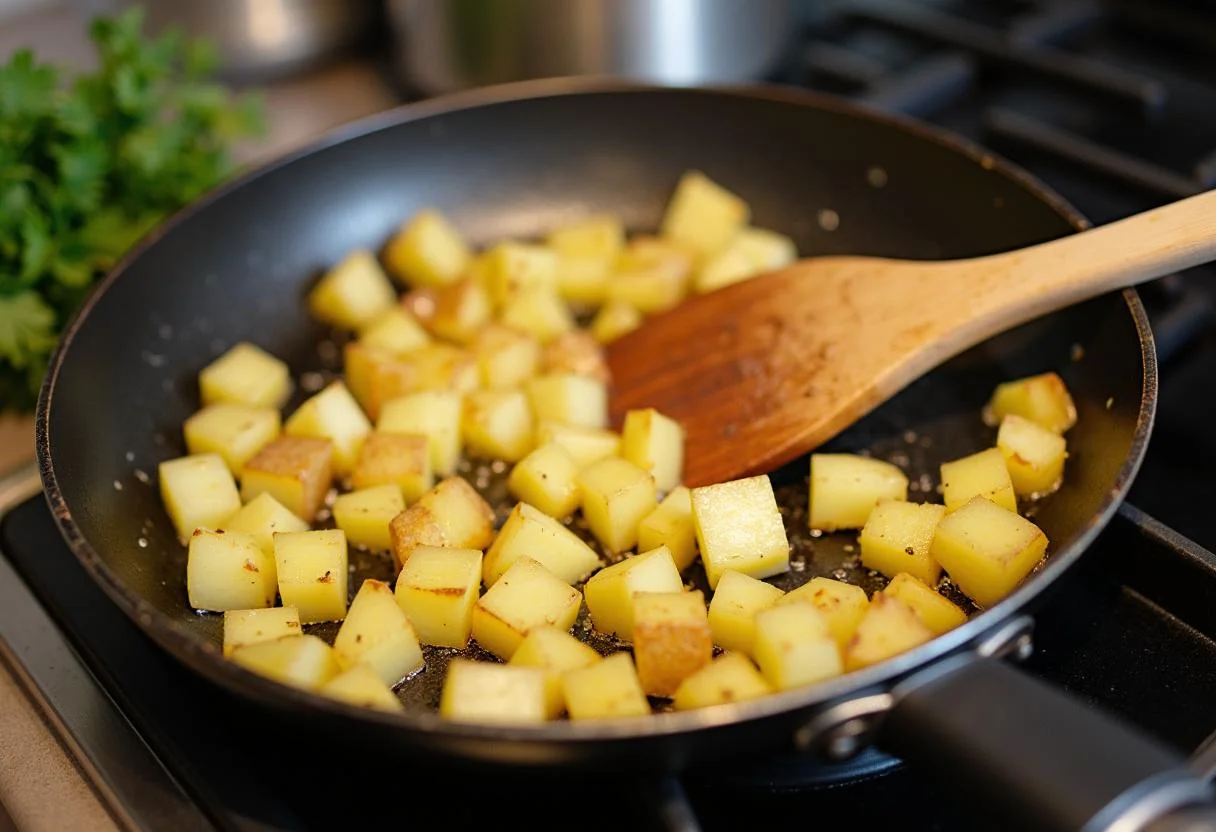 Bratkartoffeln aus gekochten Kartoffeln braten in der Pfanne, mit frischen Kräutern zur Dekoration.