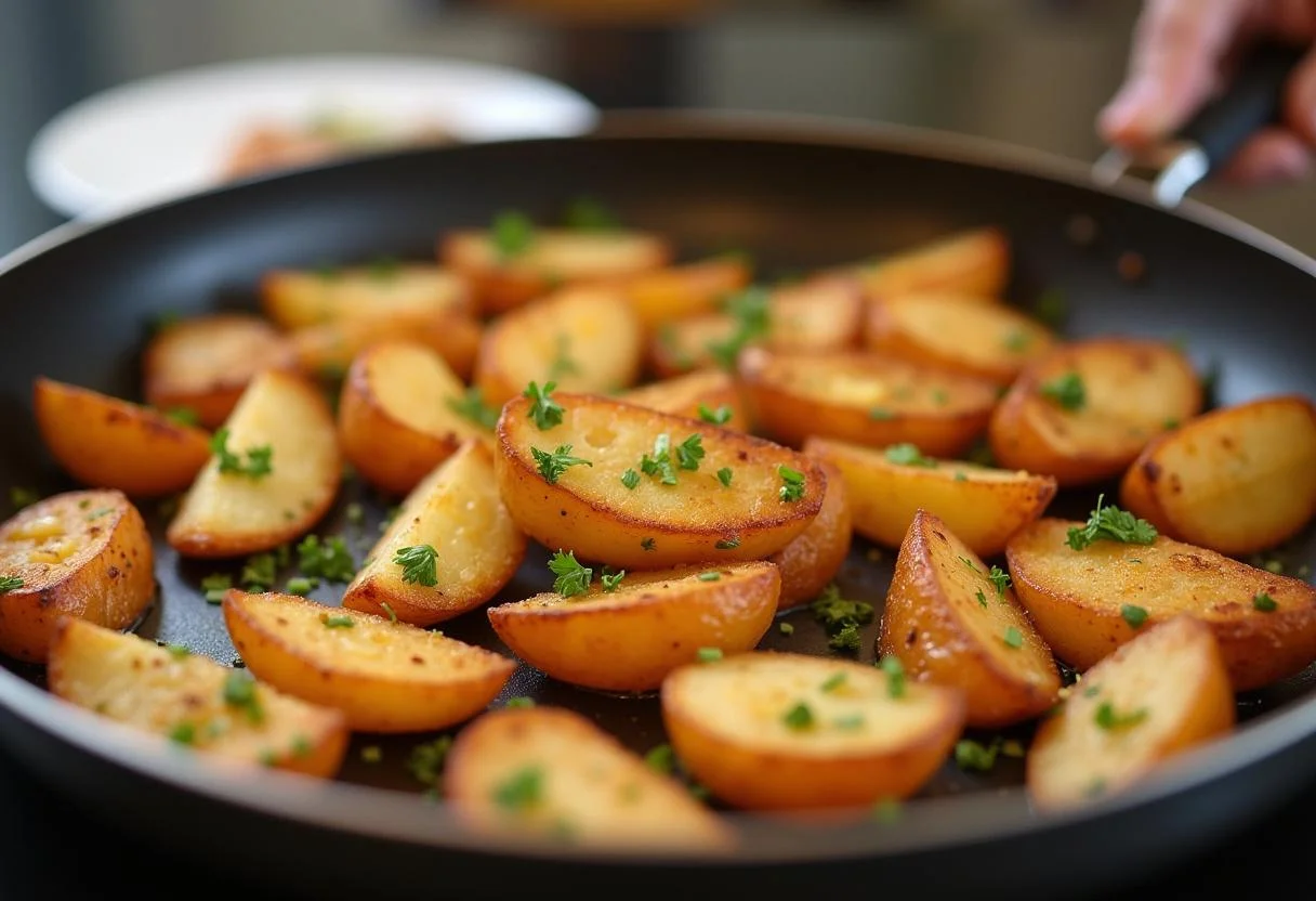 Fertige Bratkartoffeln aus gekochten Kartoffeln auf einer Servierplatte dekoriert mit Petersilie.