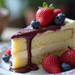 Veganer weißer Schokoladenkuchen dekoriert mit Beeren und Ganache für besondere Anlässe.