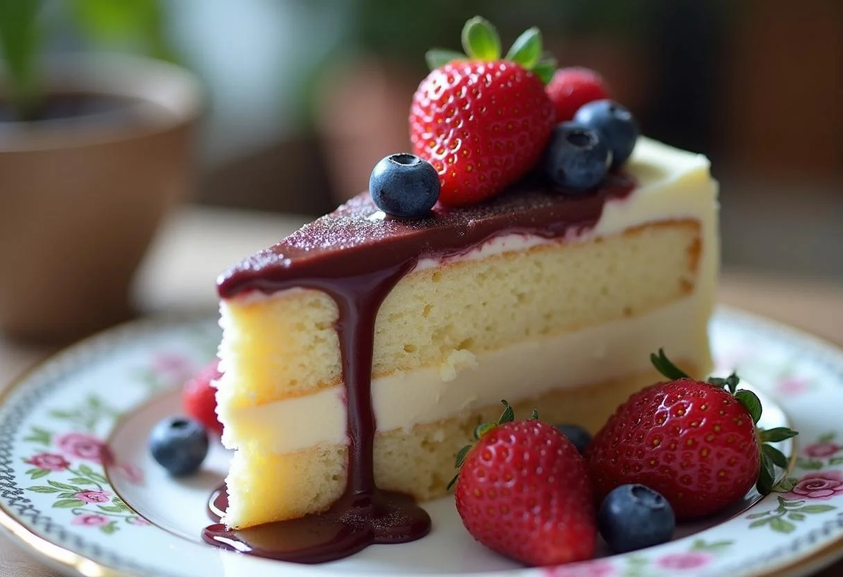 Veganer weißer Schokoladenkuchen dekoriert mit Beeren und Ganache für besondere Anlässe.