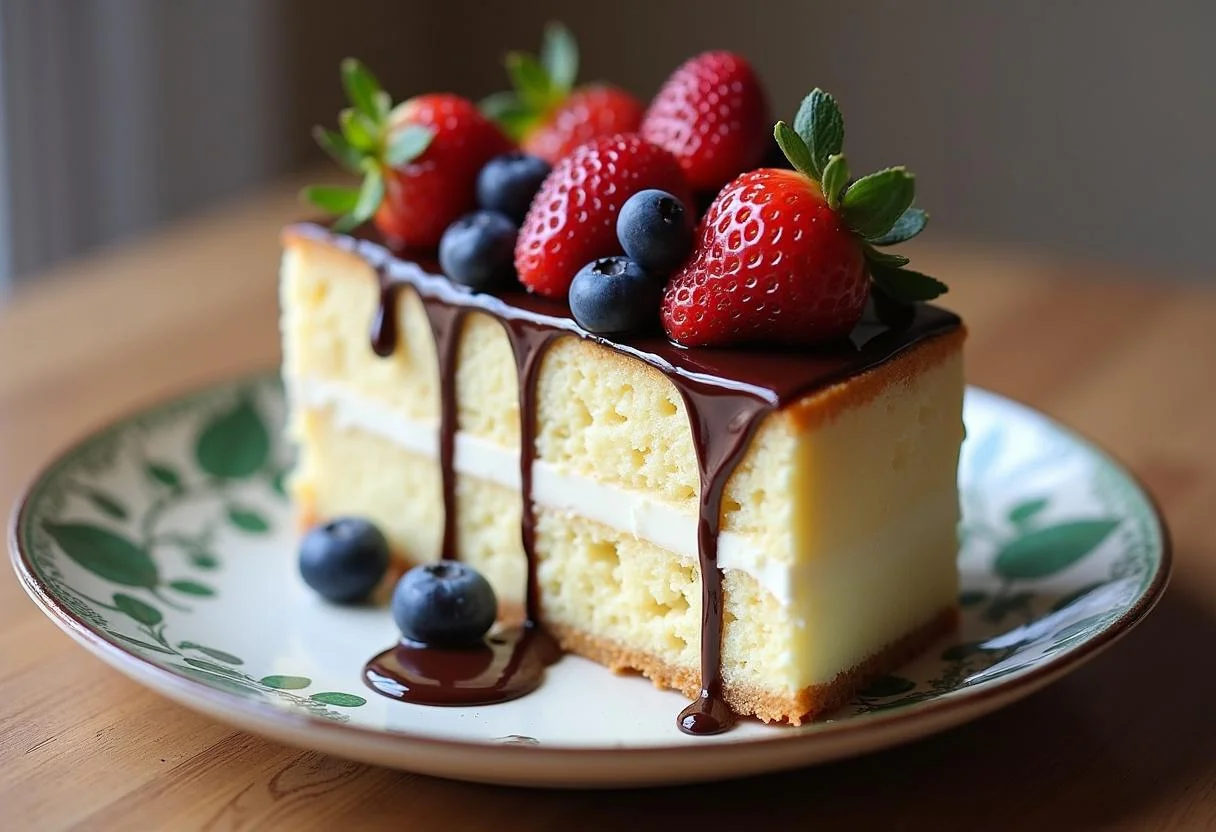 Veganer weißer Schokoladenkuchen dekoriert mit Beeren und Ganache für besondere Anlässe.