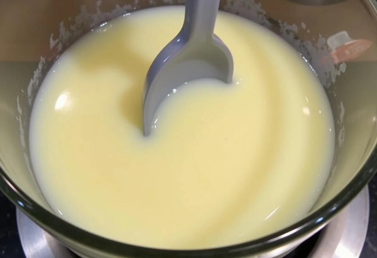 Schmelzen von veganer weißer Schokolade in einem Wasserbad für Rezepte mit weißer Schokolade.