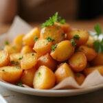 Fertige Bratkartoffeln aus gekochten Kartoffeln aus der Heißluftfritteuse, perfekt zum Servieren.