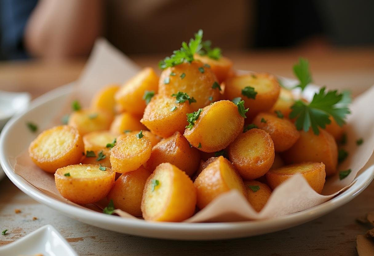 Fertige Bratkartoffeln aus gekochten Kartoffeln aus der Heißluftfritteuse, perfekt zum Servieren.