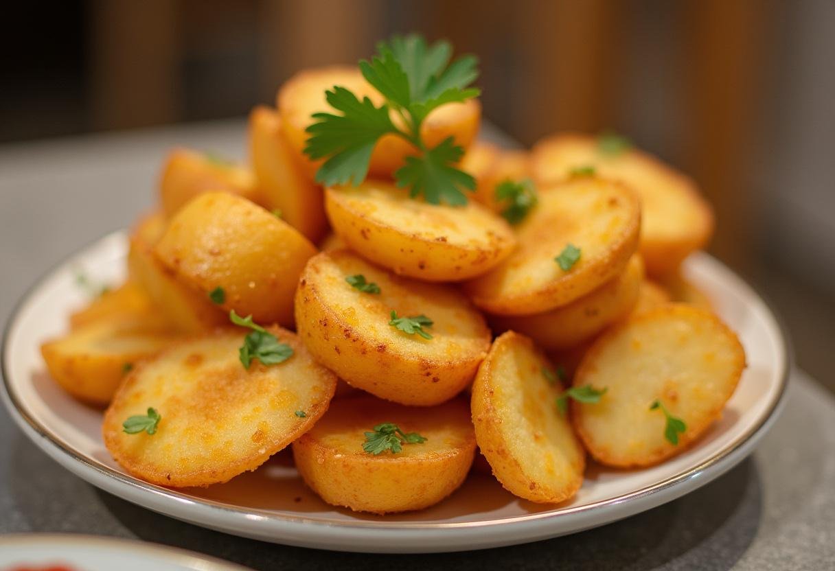 Fertige Bratkartoffeln aus gekochten Kartoffeln aus der Heißluftfritteuse, perfekt zum Servieren.