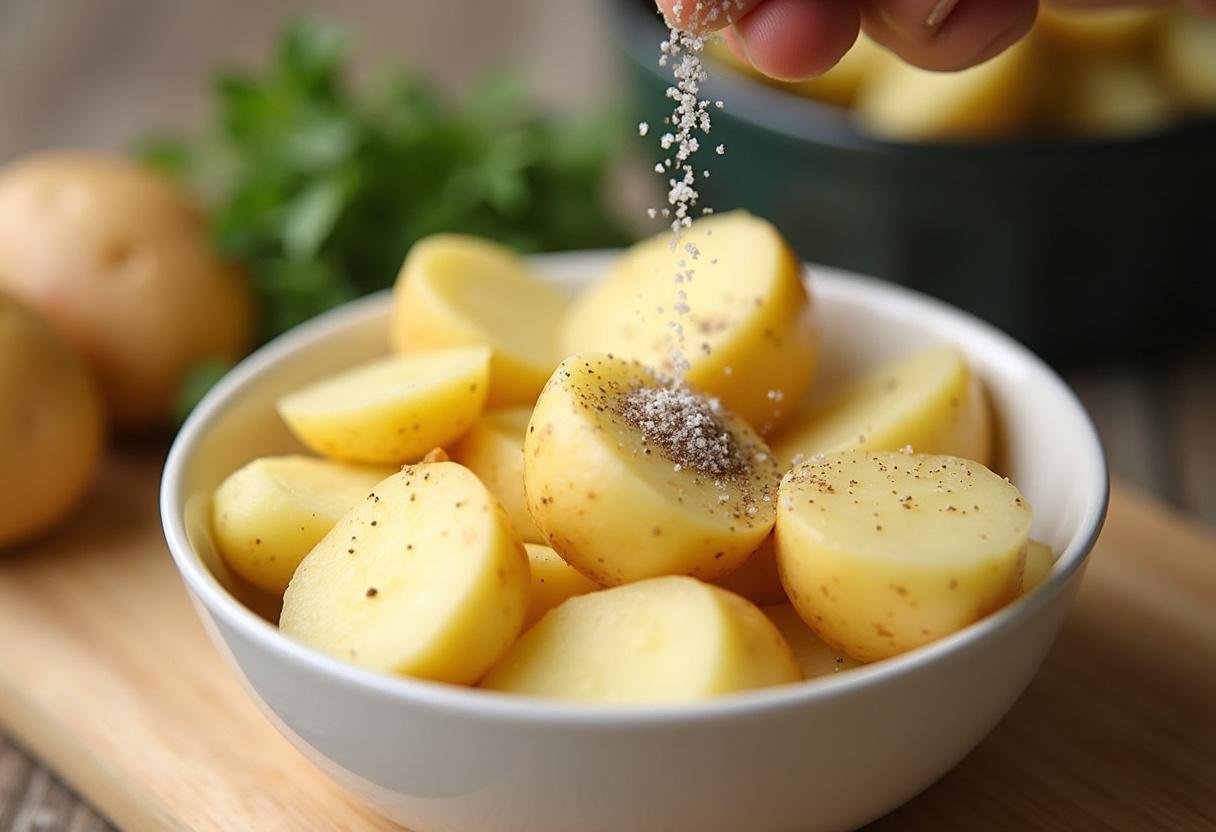 Gewürzte, geschnittene gekochte Kartoffeln für Bratkartoffeln vorbereiten.