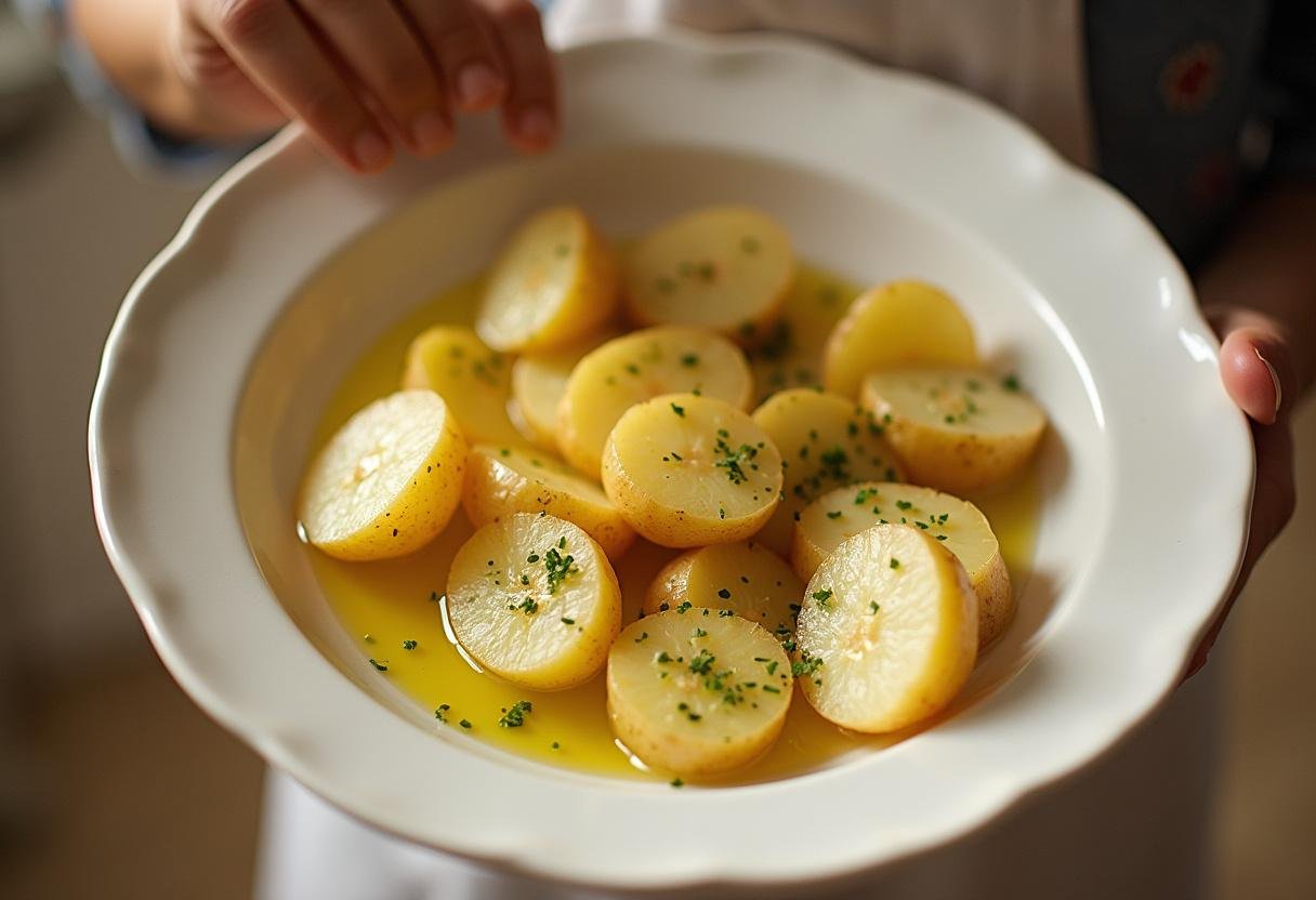 Gekochte Kartoffelscheiben in der Heißluftfritteuse für ein köstliches Gericht vorbereiten.