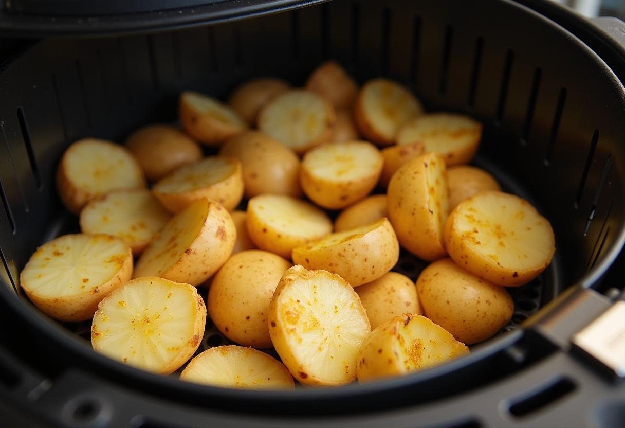 Vorbereitete Bratkartoffeln in der Heißluftfritteuse für knusprige gekochte Kartoffeln.