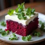 Fertiges Stück Rote Bete Kuchen mit Frischkäse-Frosting, ideal für besondere Anlässe.
