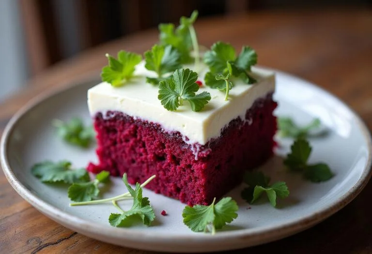 Fertiges Stück Rote Bete Kuchen mit Frischkäse-Frosting, ideal für besondere Anlässe.