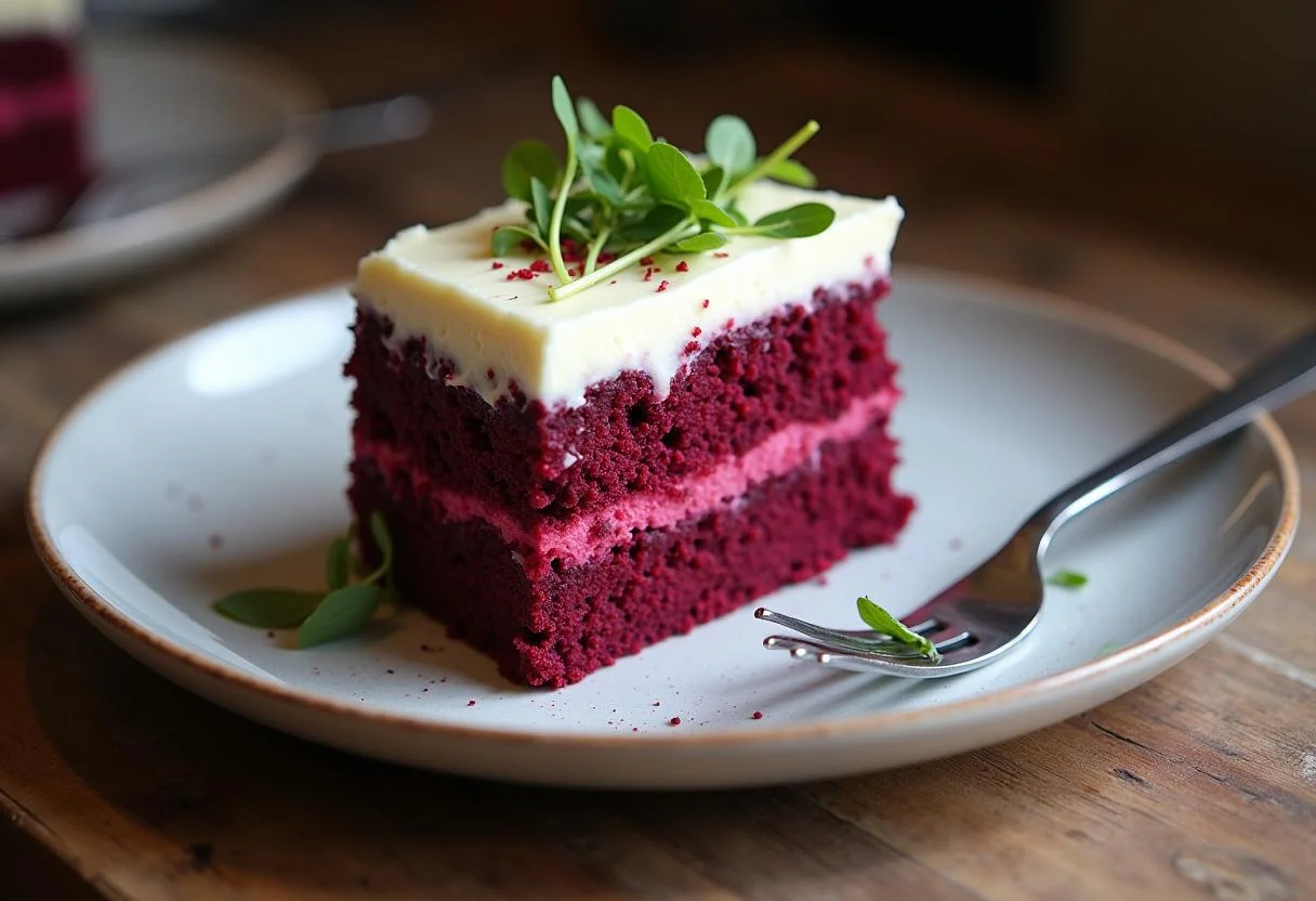 Fertiges Stück Rote Bete Kuchen mit Frischkäse-Frosting, ideal für besondere Anlässe.