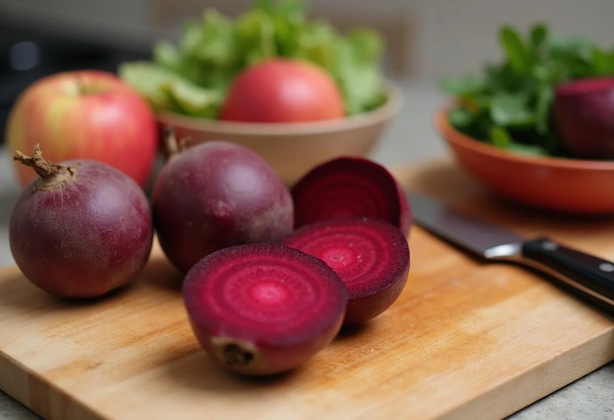 Frische Rote Bete und Äpfel auf einem Schneidebrett für einen köstlichen Rote Bete Salat mit Apfel.