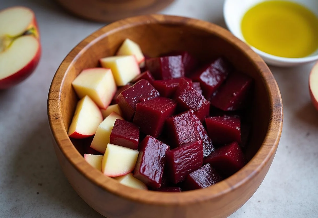 Würfelig geschnittene Rote Bete und Äpfel in einer Schüssel, bereit für einen Rote Bete Apfel Salat.