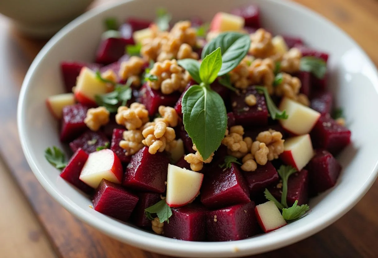 Ein bunter Rote Bete und Apfel Salat, angereichert mit Walnüssen und Kräutern.