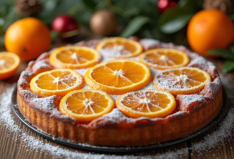 Fertiger saftiger Blechkuchen mit Mandarinen und Puderzucker, ideal für Feiern.