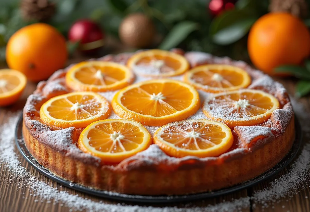 Fertiger saftiger Blechkuchen mit Mandarinen und Puderzucker, ideal für Feiern.