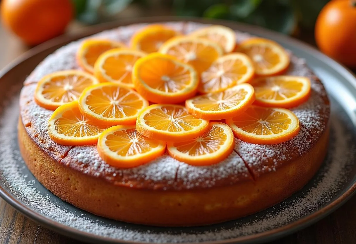 Fertiger saftiger Blechkuchen mit Mandarinen und Puderzucker, ideal für Feiern.