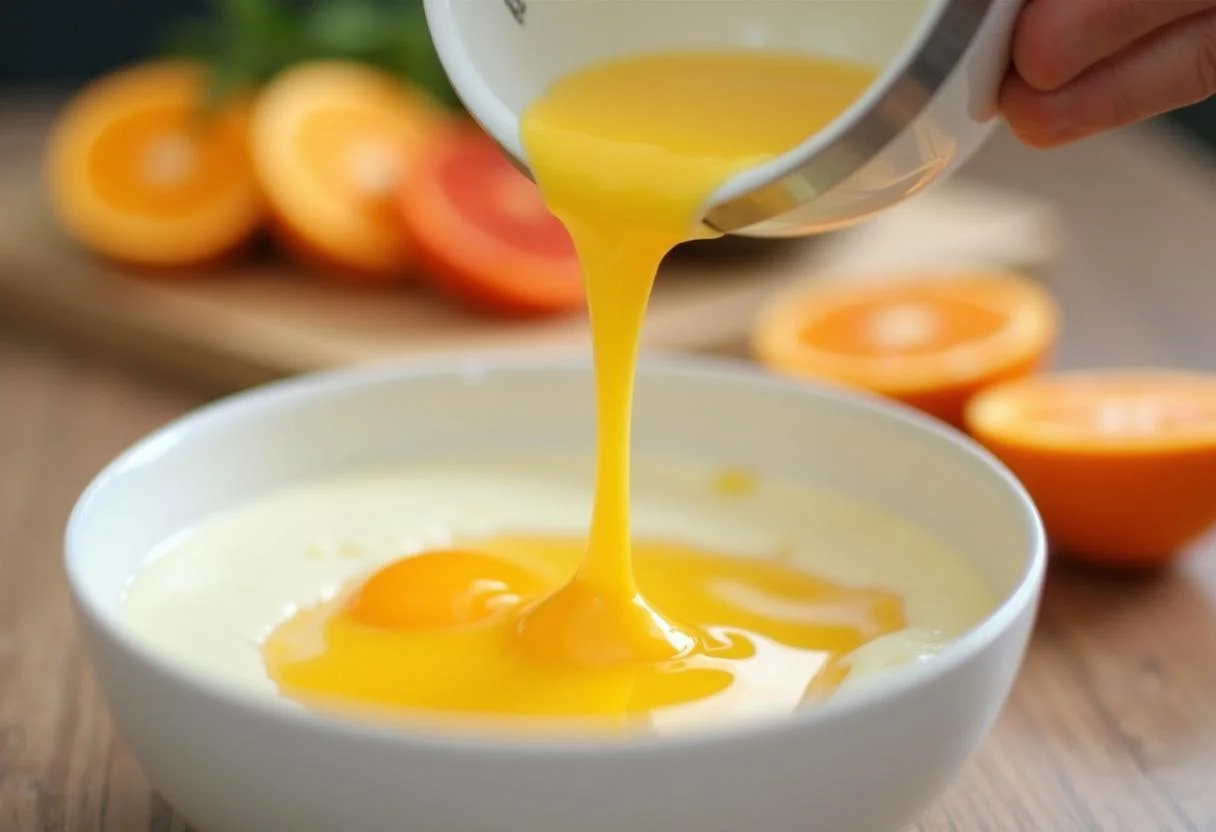 Eier und Joghurt werden in die Schüssel für den Käse Mandarinen Kuchen gegossen.