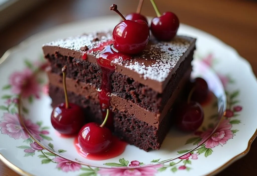 Fertiger saftiger Kirschkuchen vom Blech mit frischen Kirschen und Puderzucker.